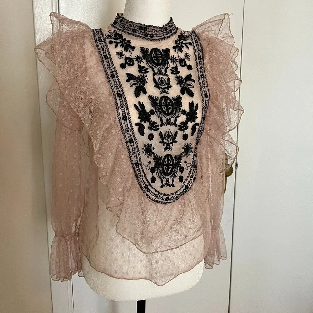 Romantic Sheer Ruffle Blouse with Embroidered Detail - Picture 3 of 9
